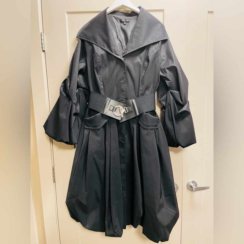 Samuel Dong Black Trench Coat with Statement Belt